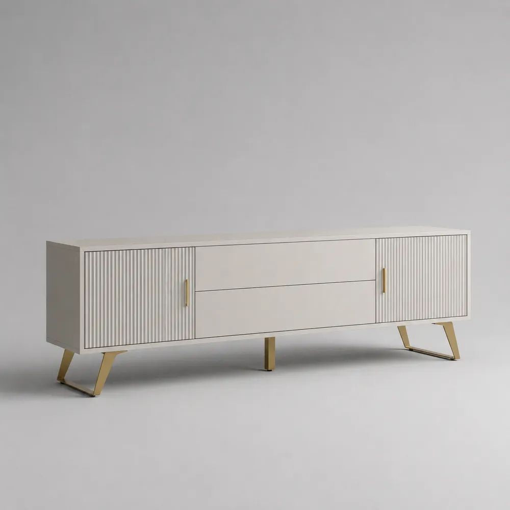 Meuble TV buffet rectangulaire en MDF et acier blanc cassé et doré, 180 × 40 × 60 cm
