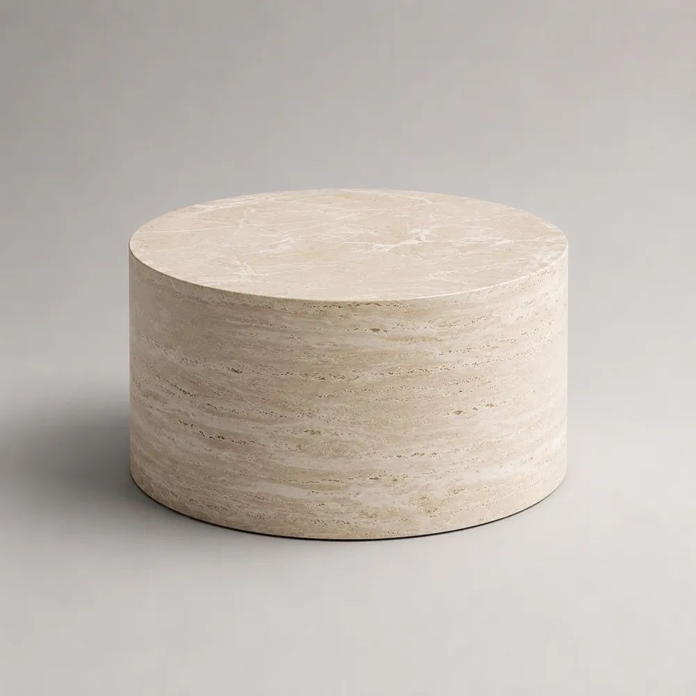 Table basse ronde en travertin naturel beige crème et blanc, Ø 80 × H 40 cm