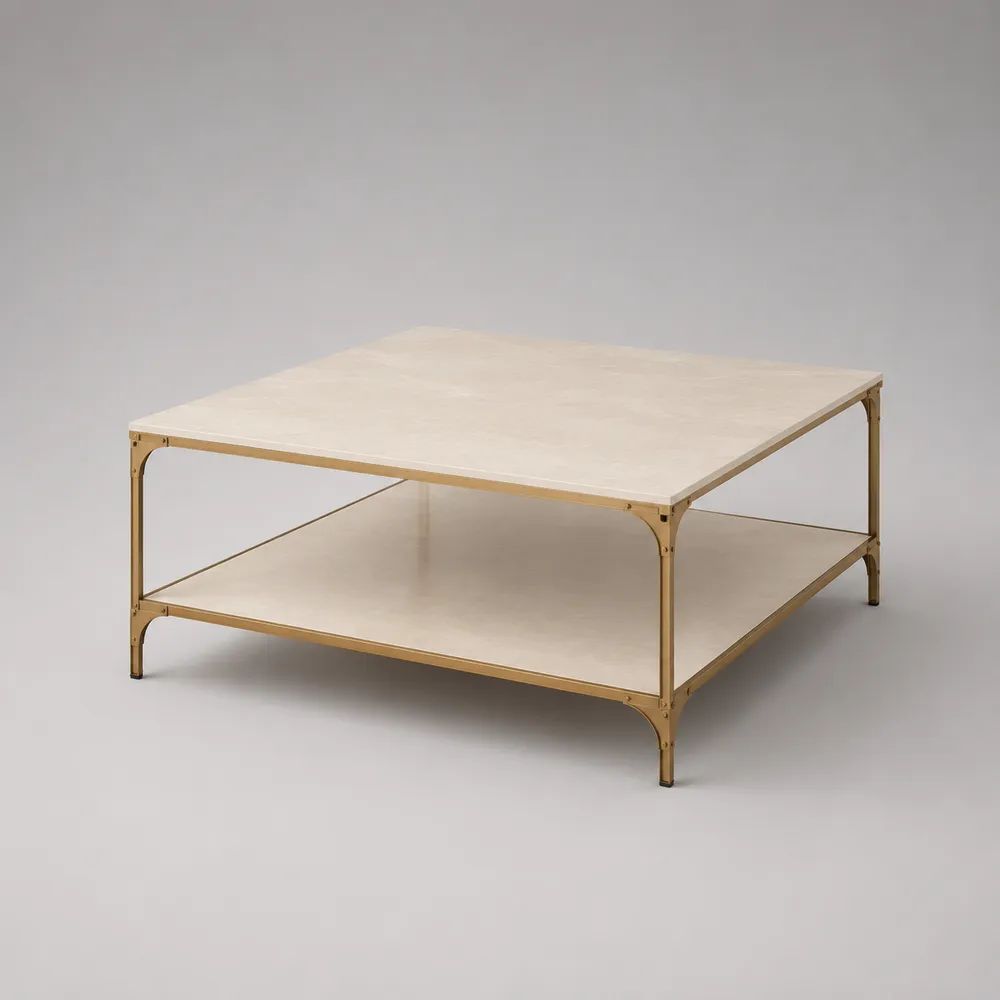 Table basse carrée avec étagère en pierre frittée beige et structure en acier doré, 100 × 100 × 45 cm